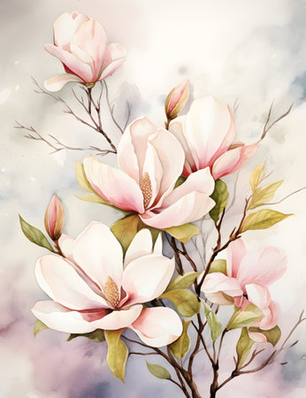 Magnolia flowers in watercolor style. Hand drawn vector illustration.の素材