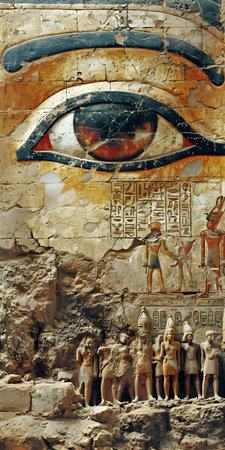 Ancient egyptian hieroglyphs on the wall of the templeの素材