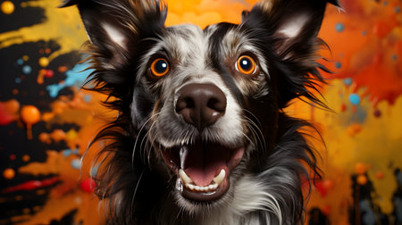 Funny portrait of border collie dog with orange eyes on abstract backgroundの素材