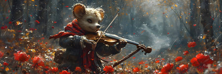 Violinist in the autumn forest. A violinist in a red scarf and a bow plays the violin.の素材