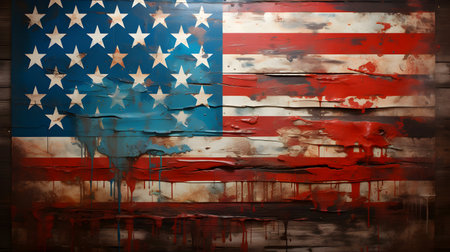American flag painted on wooden wall with paint splashes. Abstract background.の素材
