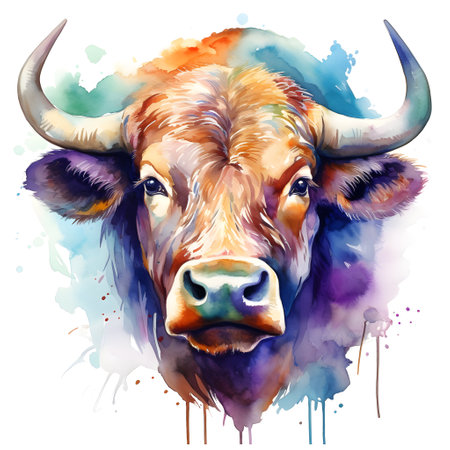 Watercolor portrait of a bull on white background. Vector illustration.の素材