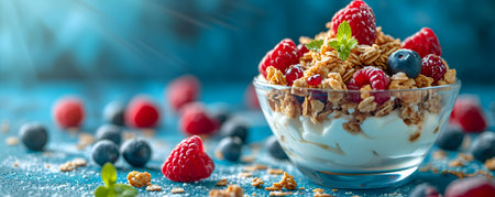 Healthy breakfast with granola, yogurt and berries on blue backgroundの素材