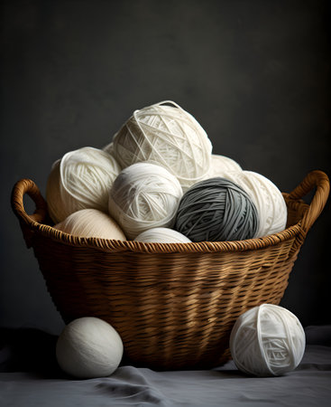 Wicker basket with balls of yarn for knitting on a gray backgroundの素材