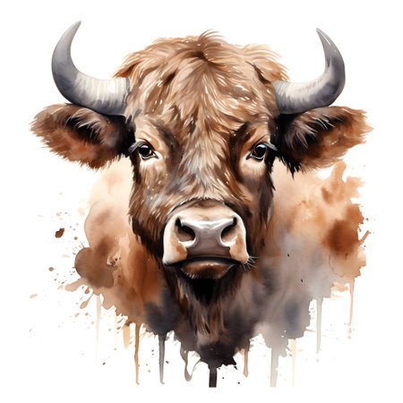 Portrait of a bull. Watercolor illustration on a white background.の素材