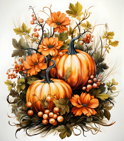 Autumn composition with pumpkins, berries and flowers. Vector illustration.の素材