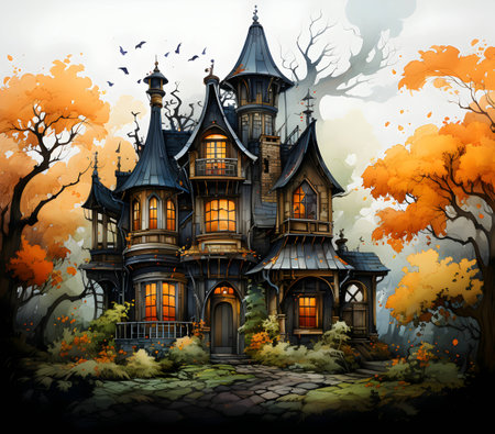 Halloween background with haunted house in the forest and autumn trees.の素材