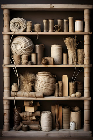 Wooden shelves with rolls of natural materials and accessories for handicraftsの素材