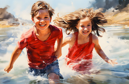Happy children having fun in the water on a sunny summer day.の素材