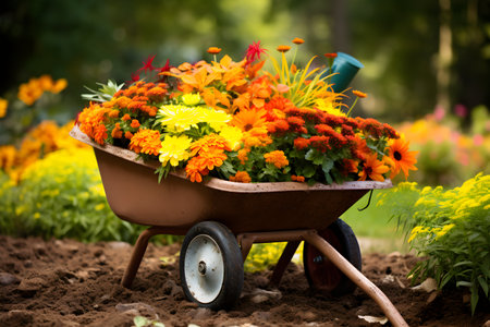 Wheelbarrow full of flowers in the garden. Gardening conceptの素材