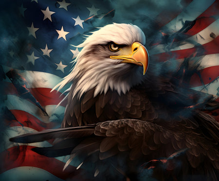 Bald Eagle on the background of the American flag. 3D renderingの素材
