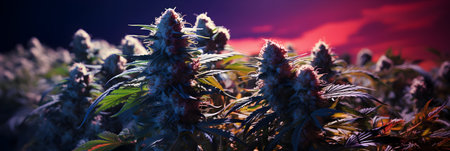 Cannabis flower buds on the background of the setting sun.の素材