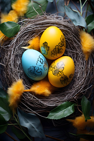 Easter eggs painted in pastel colors in nest with yellow feathersの素材