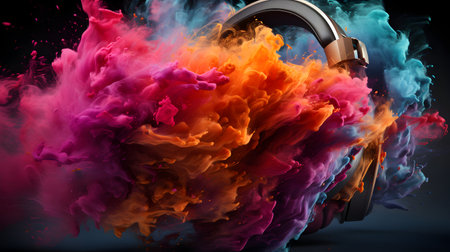 Close-up of headphones in colorful smoke. Colorful abstract backgroundの素材