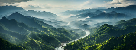 Panorama of the mountains and the river in the morning mist.の素材