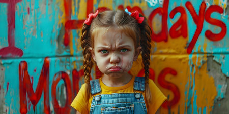 Little girl with pigtails in denim overalls on a background of graffiti.の素材