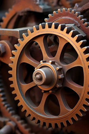 Close-up of old rusty gear wheels, industrial background, selective focusの素材