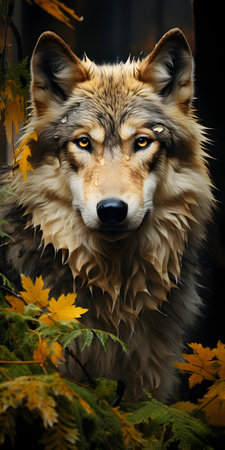 Portrait of a wolf in the autumn forest with yellow leaves.の素材