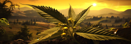cannabis flower on the background of a beautiful sunset. 3d renderの素材