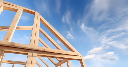 3D render of a wooden house under construction with blue sky backgroundの素材
