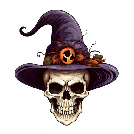 Skull in witch hat with pumpkin for halloween. Vector illustration.の素材