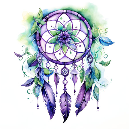 Dream catcher with feathers and beads rope hanging. Watercolor illustration.の素材