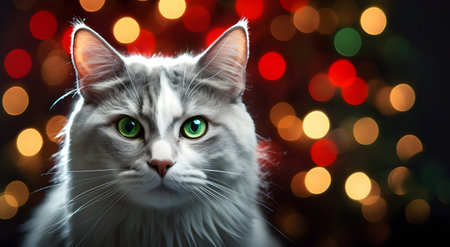 Portrait of beautiful cat with green eyes on blurred Christmas lights backgroundの素材