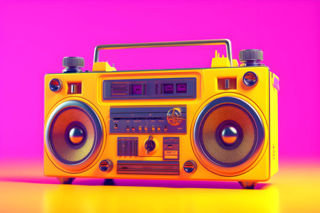 Retro yellow boombox on pink background. 3d renderingの素材