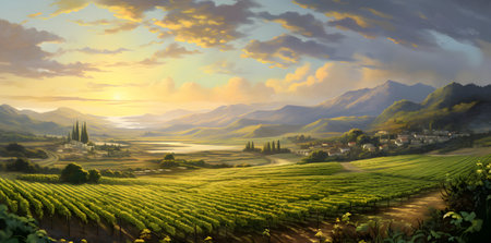 Sunset over vineyards in Tuscany, Italy. Panoramaの素材