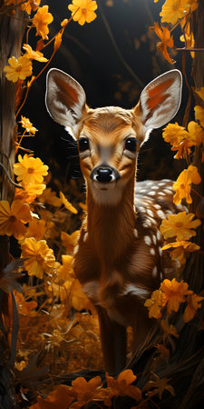 Fawn in the forest with yellow flowers. 3D illustrations.の素材