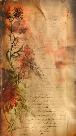 Grunge background with flowers and old paper. Grunge texture.の素材