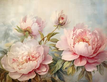 Beautiful peony flowers on grunge background. Vintage styles.の素材