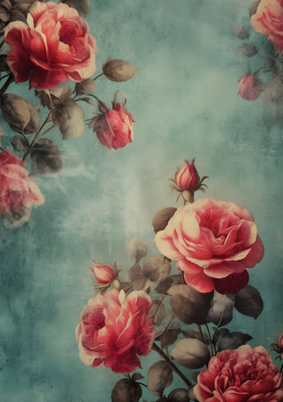 Grunge floral background with roses and leaves. Toned.の素材