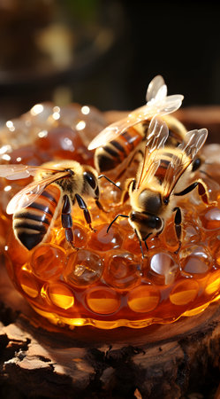 Honey bees in a bowl with honeycombs on wooden backgroundの素材