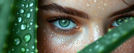 Close-up portrait of beautiful young woman with green eyes and fresh aloe vera leavesの素材