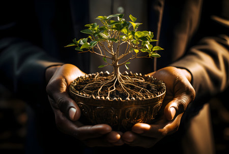 Close-up of a tree in a pot in the hands of a businessmanの素材