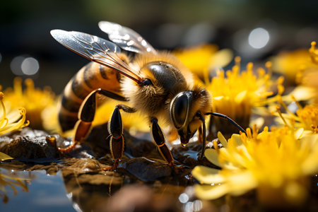 Honey bee on yellow dandelion flower. Macro shot.の素材