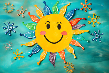 smiling sun made of plasticine on a turquoise backgroundの素材