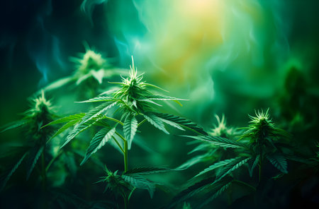 Cannabis sativa background. Green leaves of marijuana. Indoor cultivation. Legal Marijuana cultivation in the home.の素材
