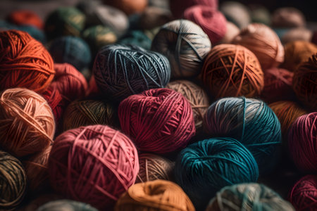Colorful yarn balls for knitting on a wooden background. Selective focus. Toned.の素材