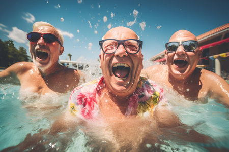 Happy friends having fun in swimming pool on a hot summer day.の素材