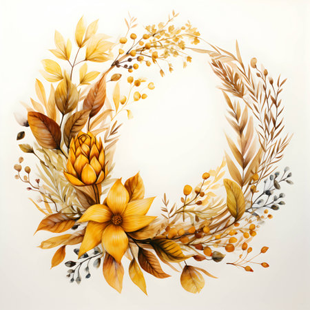 Watercolor floral wreath with golden leaves and flowers on white backgroundの素材