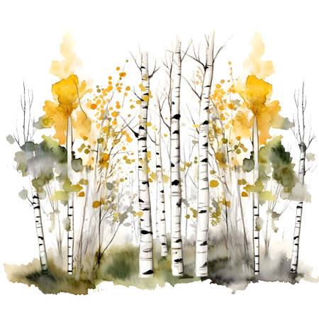 Watercolor autumn birch forest. Hand drawn illustration isolated on white background.の素材