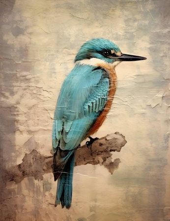 Blue Kingfisher on a grunge background. Vintage painting.の素材