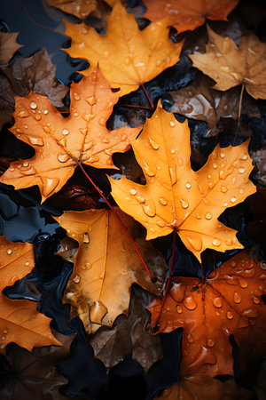 Autumn maple leaves with water drops on dark background, close upの素材