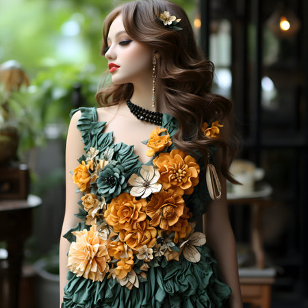 Portrait of beautiful young woman with makeup and hairstyle in green dressの素材