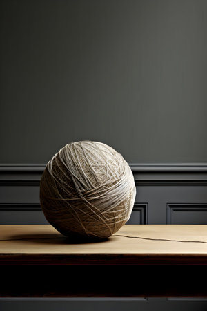 Ball of wool yarn on wooden table in front of gray wall.の素材