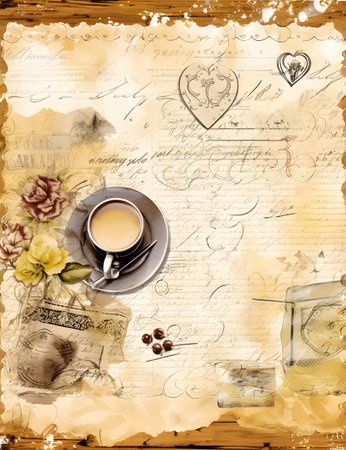 Cup of coffee on old paper background with hearts and flowers.の素材