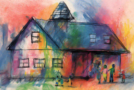 Colorful houses in the village. Children's drawing on paper.の素材