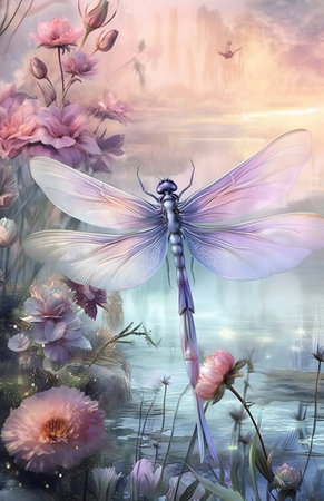 Illustration of a dragonfly on a background of flowers. Digital painting.の素材